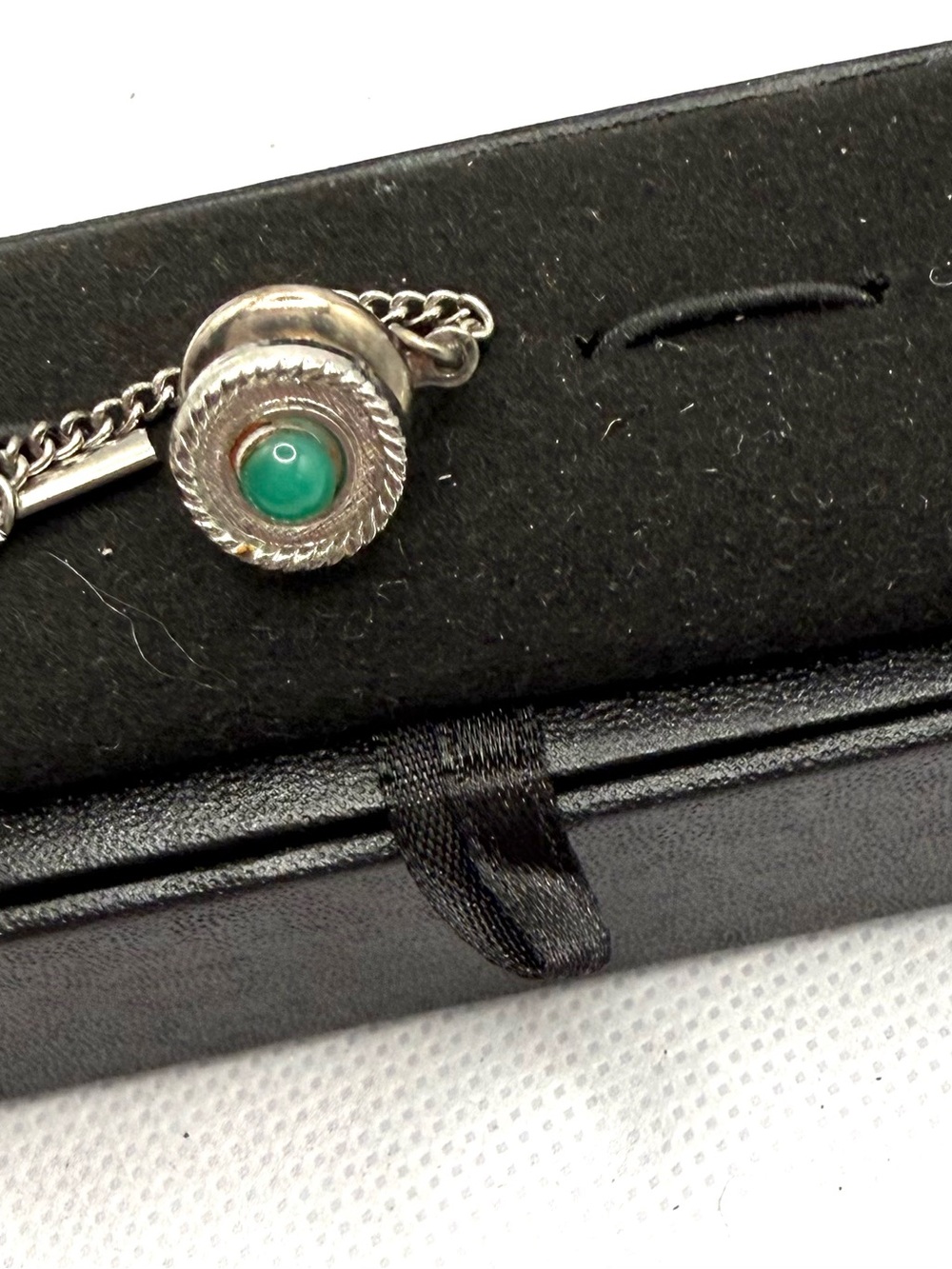 Silver Green Jade Stone Tie Tack